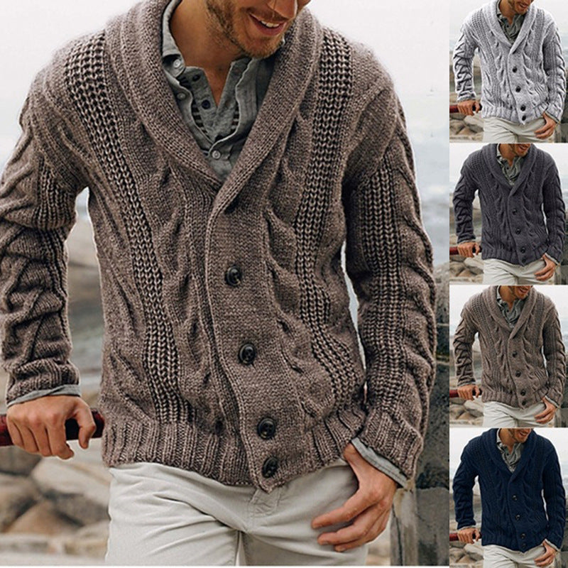 Chunky knit jacket for men with shawl collar and button details Lune London