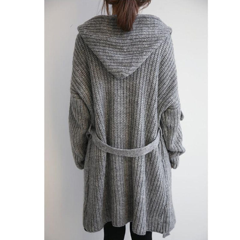 Ladies Long Knit Coat with Comfortable Pockets and Hood Lune London