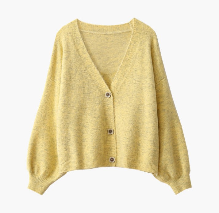 Loose knit jacket for women with V-neck and button closure Lune London