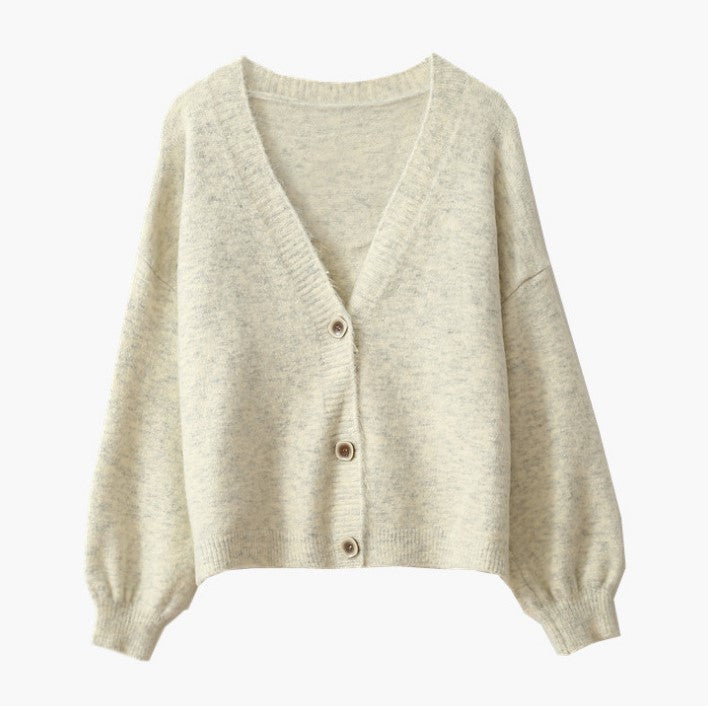 Loose knit jacket for women with V-neck and button closure Lune London