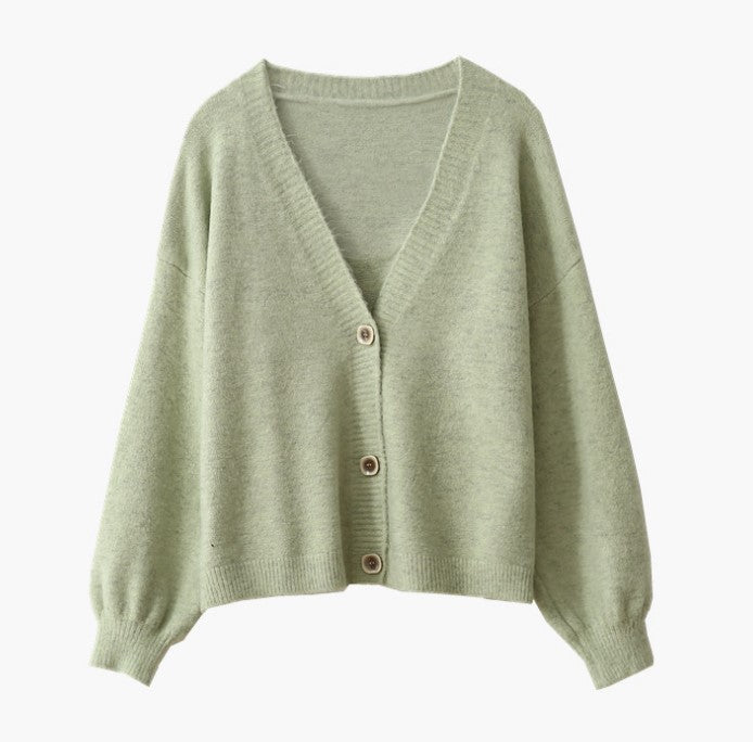 Loose knit jacket for women with V-neck and button closure Lune London