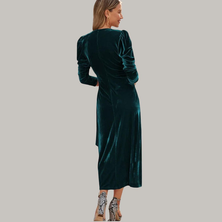 Lune London | Midi wrap dress in velvet with puff sleeves
