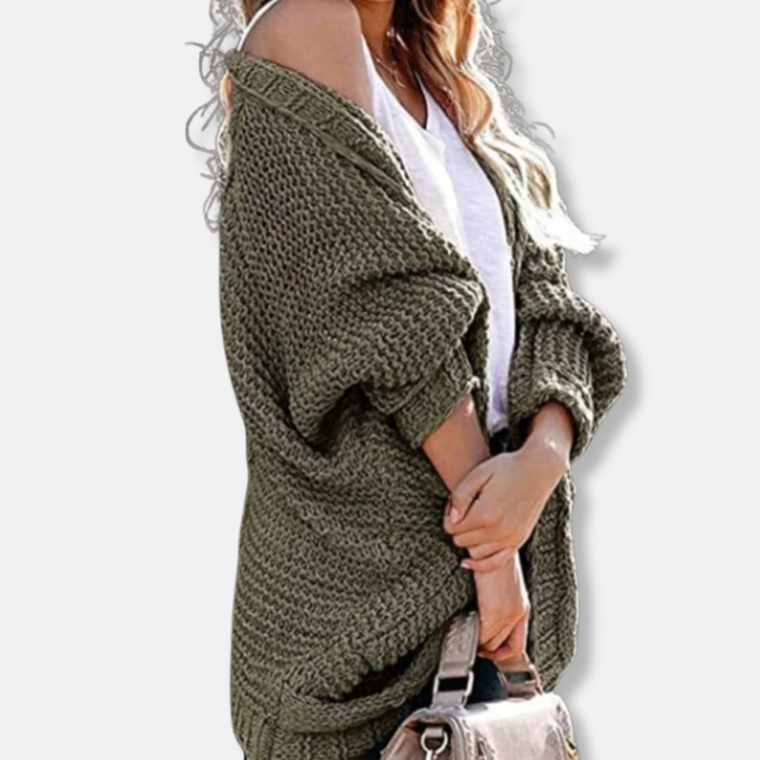 Lune London | Wool Oversized Cardigan - Ribbed Open Front Pocket Cardigan