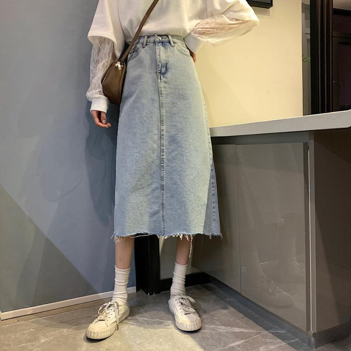 Jupe midi en denim décontractée pour femmes avec ourlet effiloché