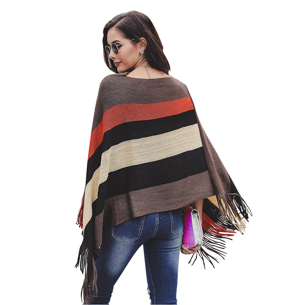 Lady poncho with fringes and modern striped pattern Lune London