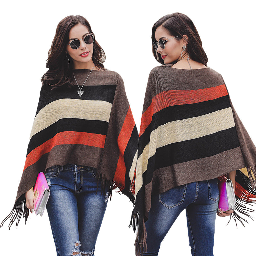 Lady poncho with fringes and modern striped pattern Lune London