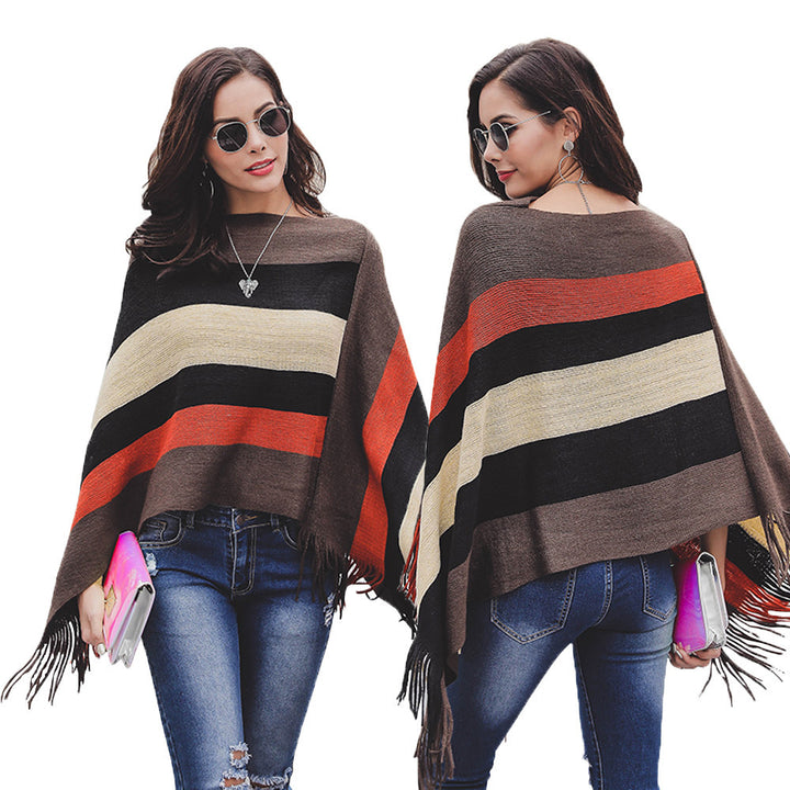 Lady poncho with fringes and modern striped pattern Lune London