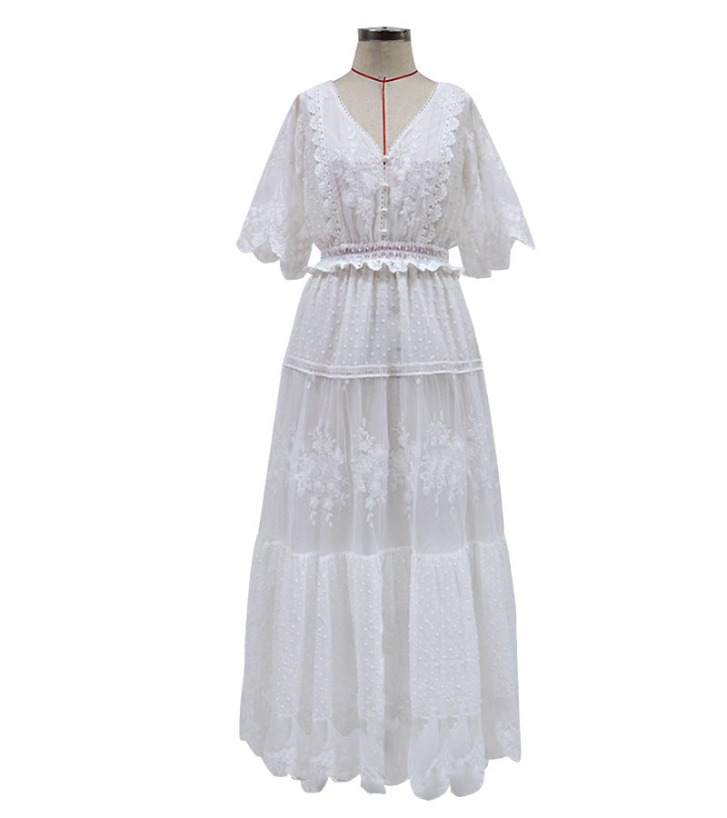 Lune London | Chiffon Lace Short Sleeve Boho V-Neck Maxi Dress