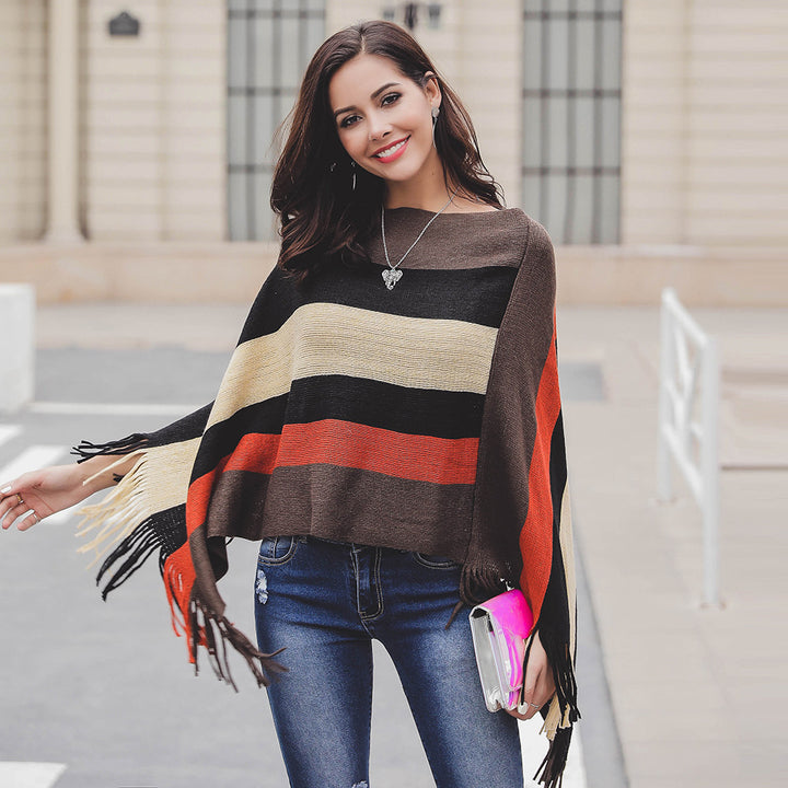 Lady poncho with fringes and modern striped pattern Lune London
