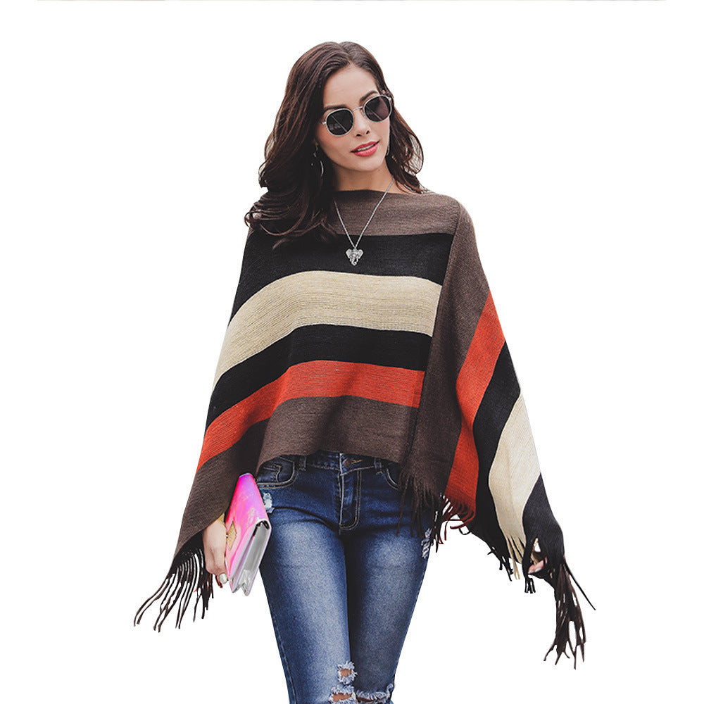 Lady poncho with fringes and modern striped pattern Lune London