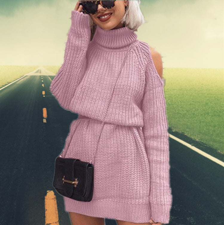 Elegant knitted sweater for ladies with high collar and off-shoulder Lune London