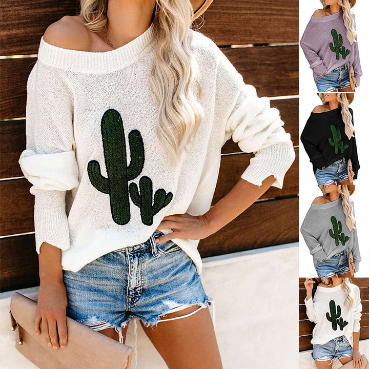 Sweater surdimensionné pour femmes avec un design de cactus décontracté et un col rond Chic & Stil