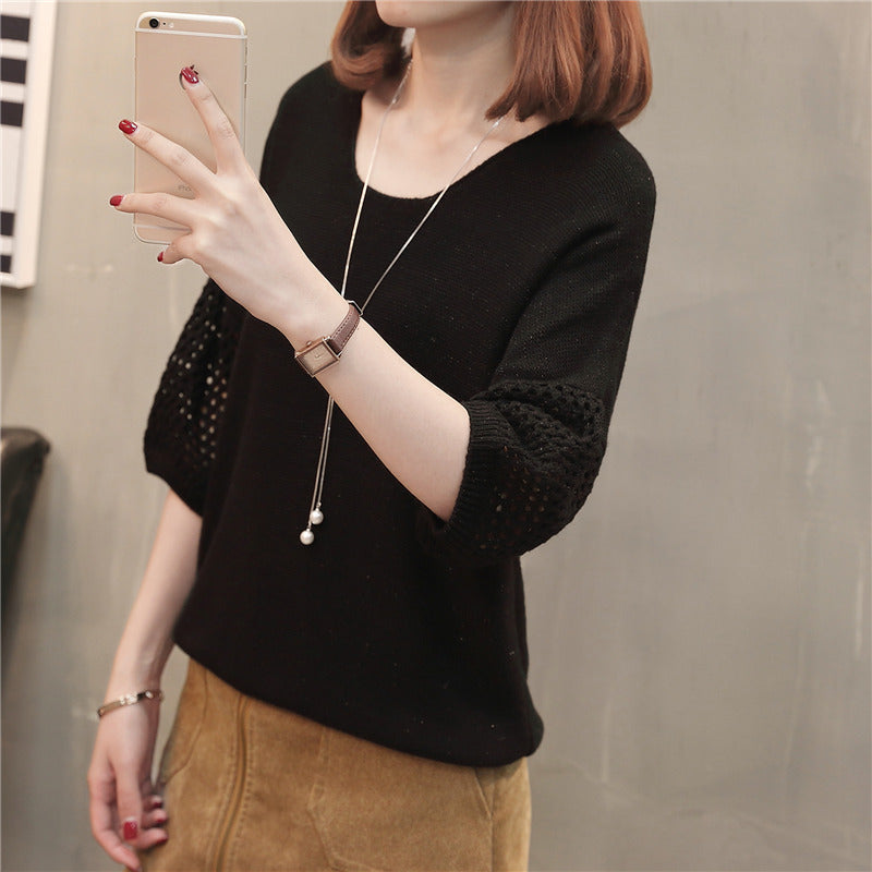 Lightweight knitted sweater for women with decorative openwork pattern and drop shoulders Lune London