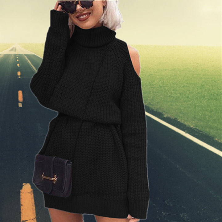 Elegant knitted sweater for ladies with high collar and off-shoulder Lune London