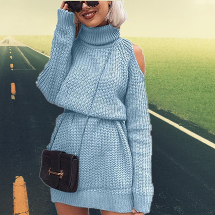 Elegant knitted sweater for ladies with high collar and off-shoulder Lune London