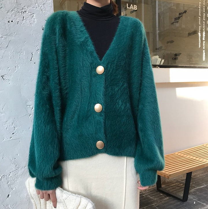 Ladies Plush Knit Sweater with Chic and Stylish Button Details