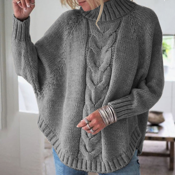 Chunky knit sweater for women with oversized collar and cable knit pattern Lune London