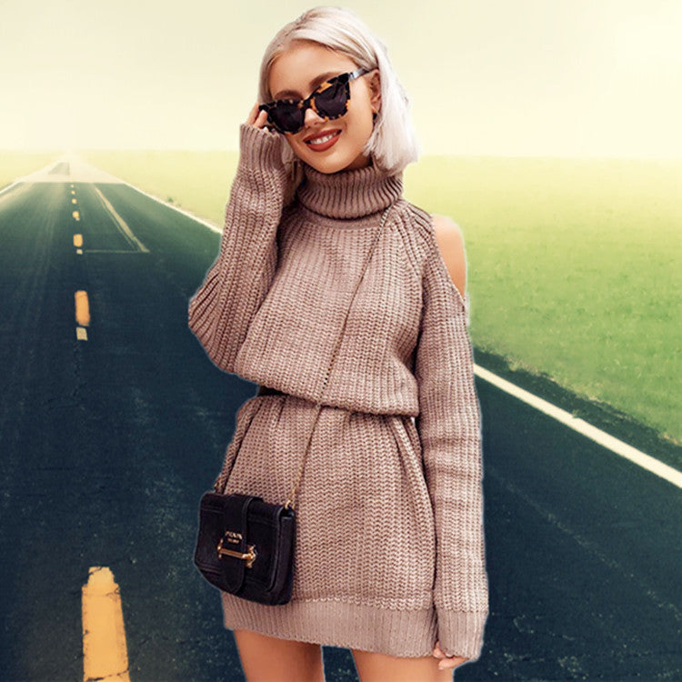 Elegant knitted sweater for ladies with high collar and off-shoulder Lune London