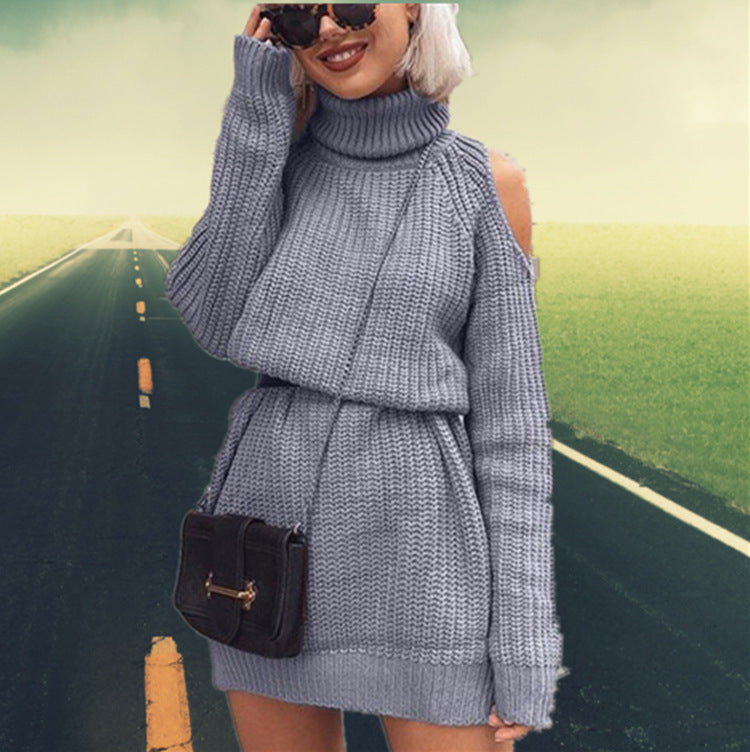 Elegant knitted sweater for ladies with high collar and off-shoulder Lune London