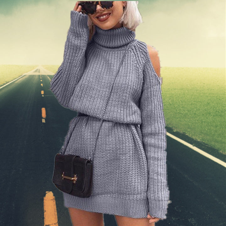 Elegant knitted sweater for ladies with high collar and off-shoulder Lune London