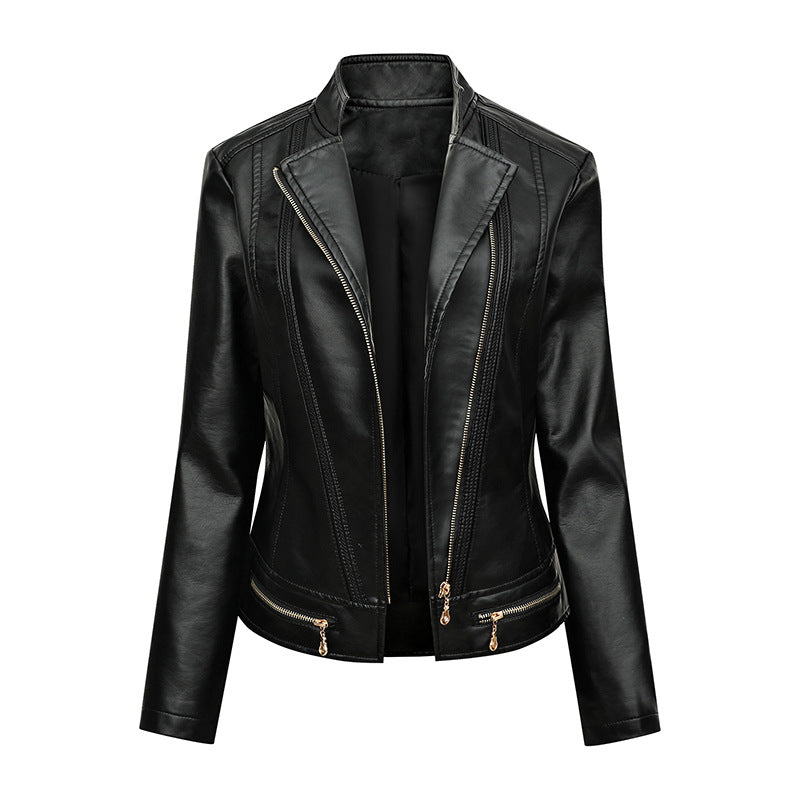 Ladies elegant faux leather jacket with trendy zip details Lune London