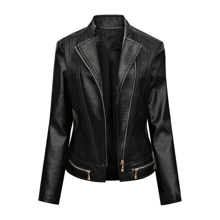 Ladies elegant faux leather jacket with trendy zip details Lune London