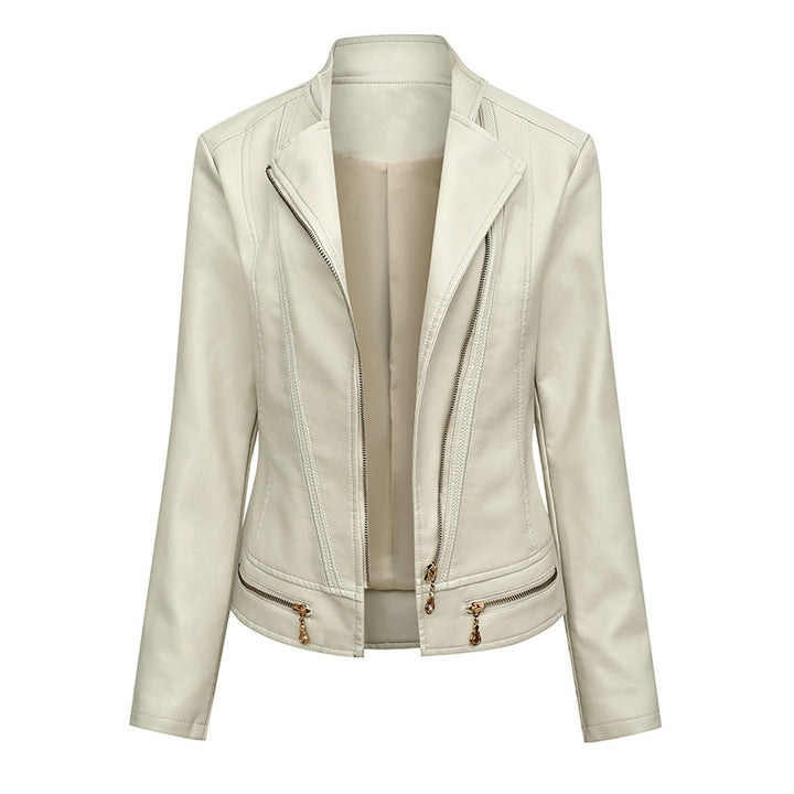 Ladies elegant faux leather jacket with trendy zip details Lune London