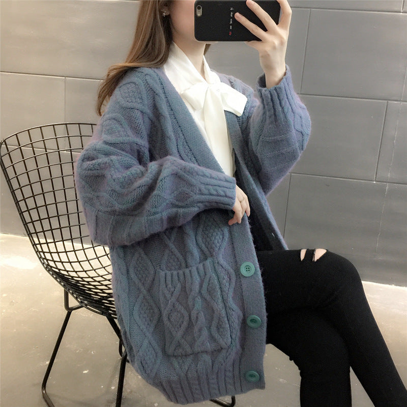 Ladies Waffle Knit Oversized Cardigan with pockets and button detail Lune London
