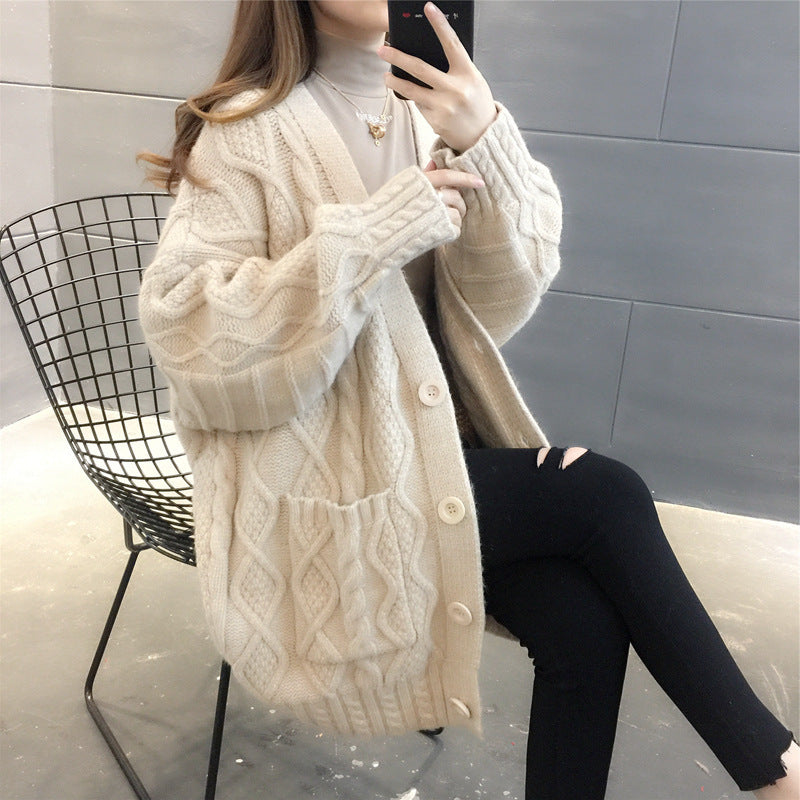 Ladies Waffle Knit Oversized Cardigan with pockets and button detail Lune London