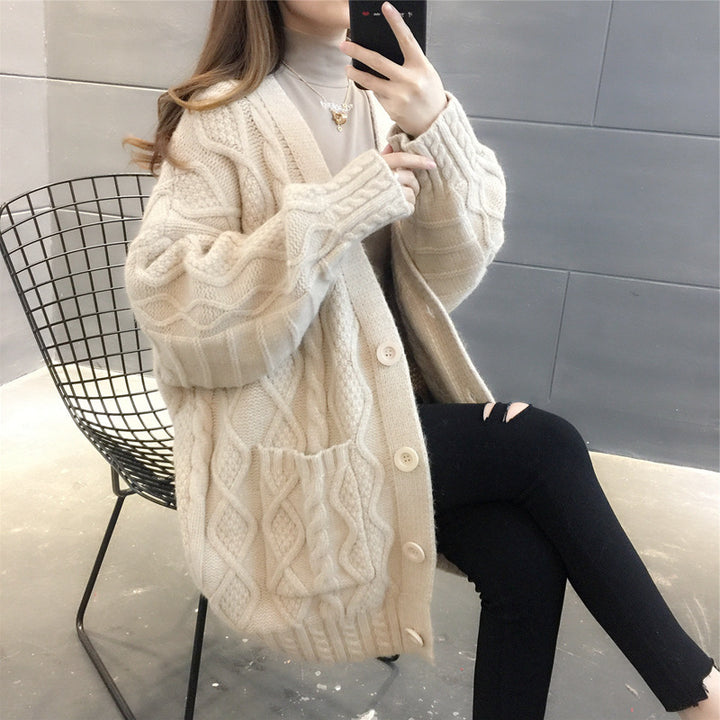 Ladies Waffle Knit Oversized Cardigan with pockets and button detail Lune London