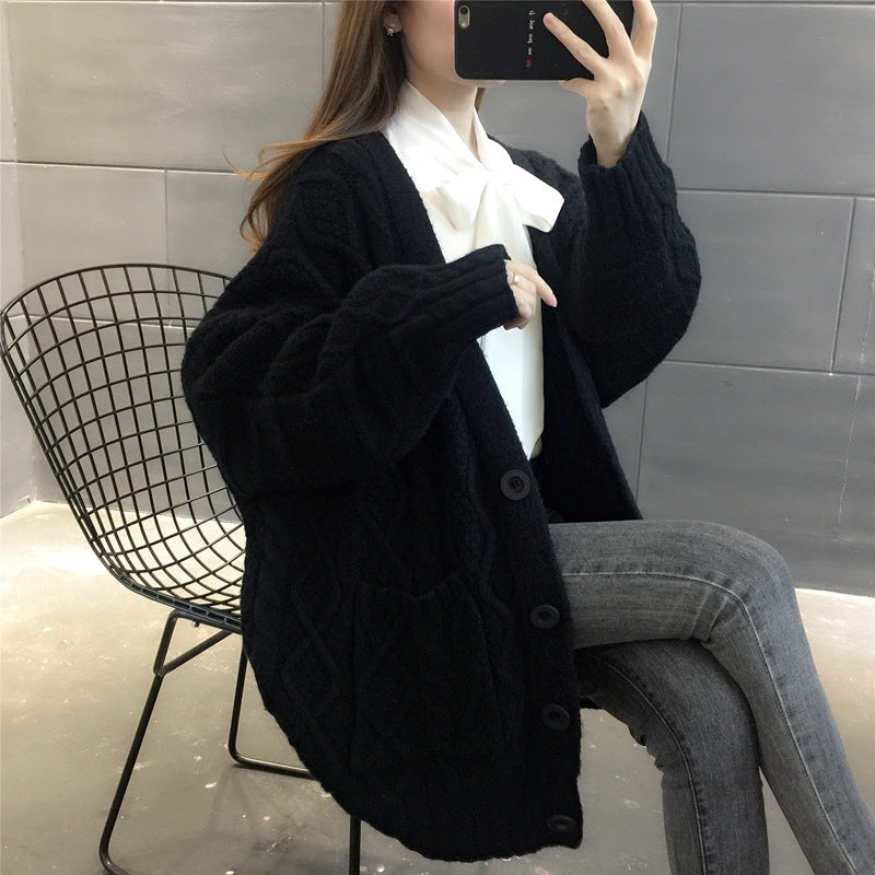 Ladies Waffle Knit Oversized Cardigan with pockets and button detail Lune London