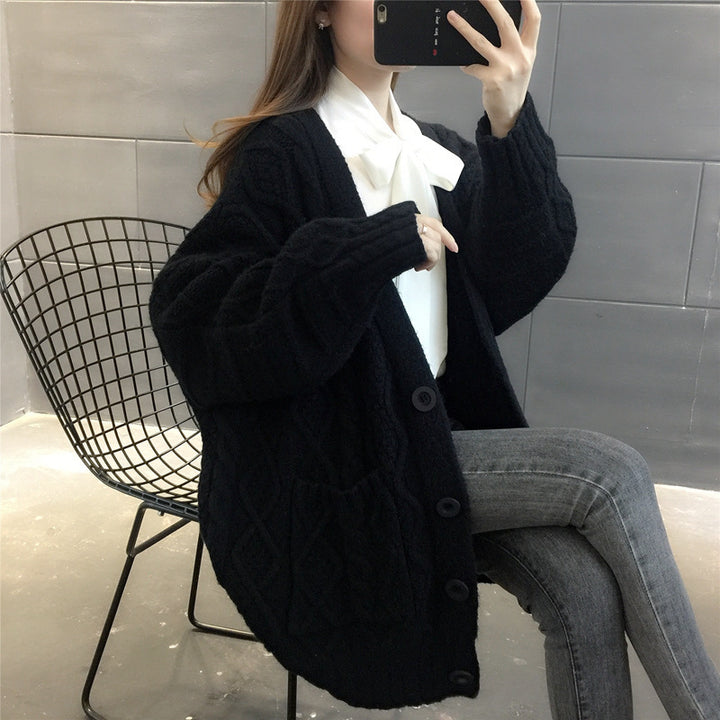 Ladies Waffle Knit Oversized Cardigan with pockets and button detail Lune London