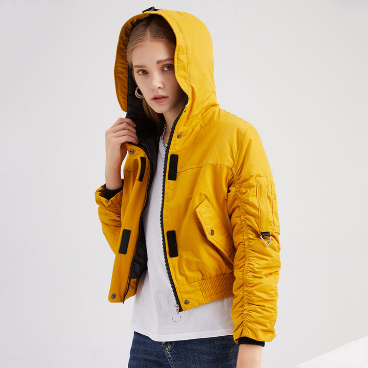 Cropped women's outdoor jacket with adjustable hood and elastic cuffs Lune London