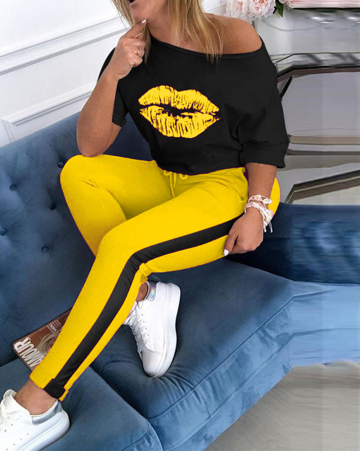 Women Off-shoulder Graphic Sweatshirt and Chic Jogger Set