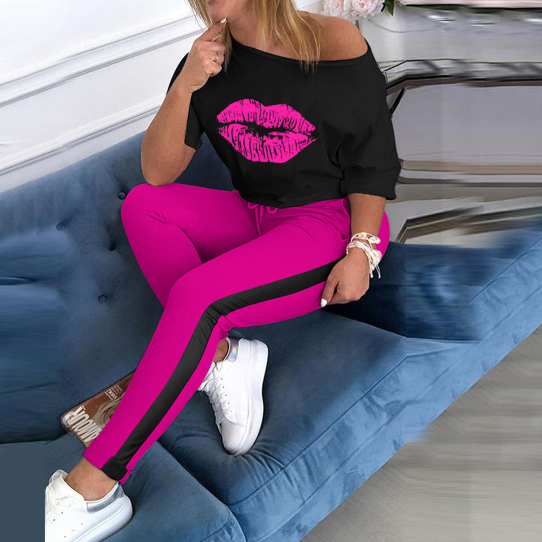 Women Off-shoulder Graphic Sweatshirt and Chic Jogger Set