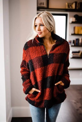 Chic and Stylish women's fleece sweater with plaid pattern