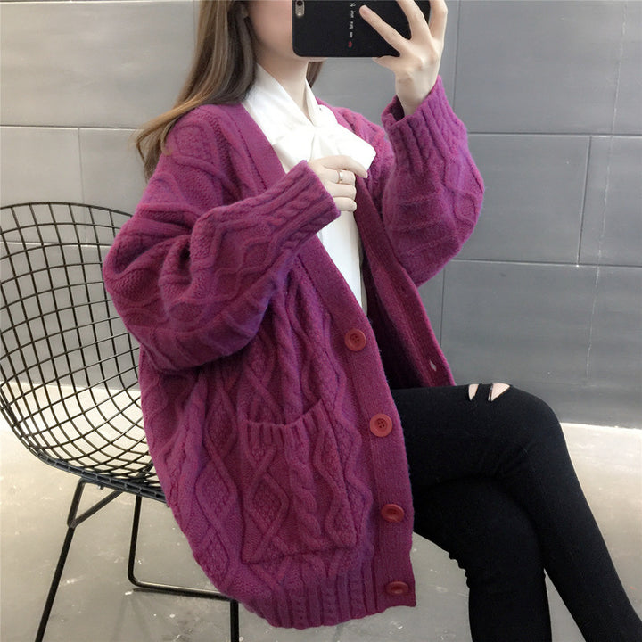 Ladies Waffle Knit Oversized Cardigan with pockets and button detail Lune London
