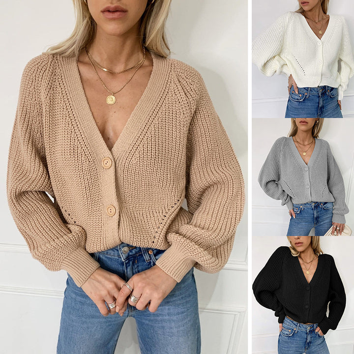 Ladies' knit jacket with deep V-neck and button design Lune London