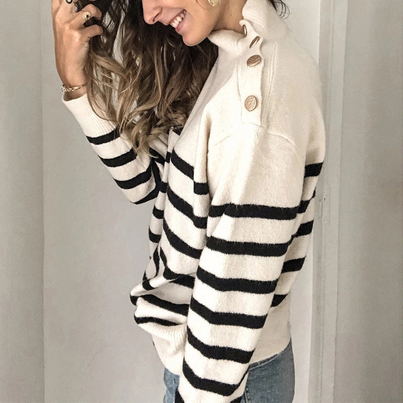 Knitted sweater for women with a stylish striped pattern and an elegant high collar Lune London