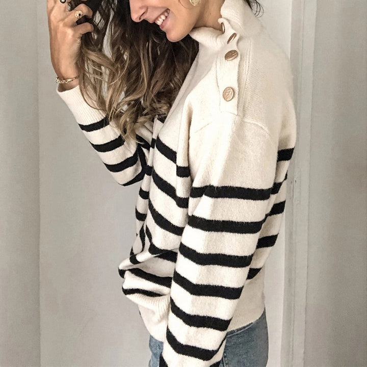 Knitted sweater for women with a stylish striped pattern and an elegant high collar Lune London