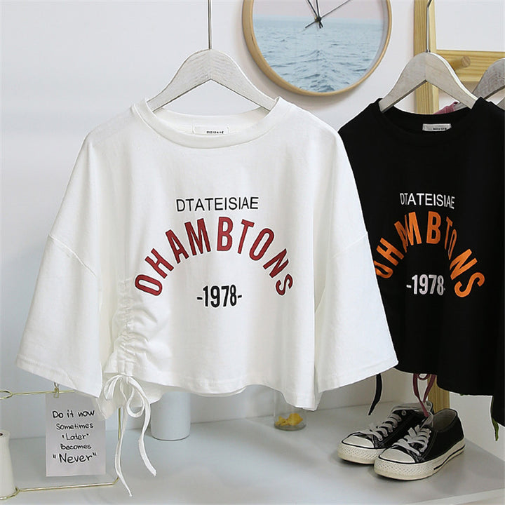 Women's cropped T-shirt with casual drawstring and creative lettering Lune London