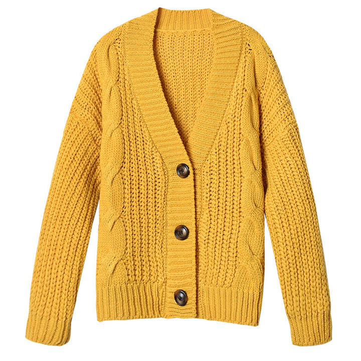 Chunky knit cardigan for women with button closure and original cable pattern Lune London