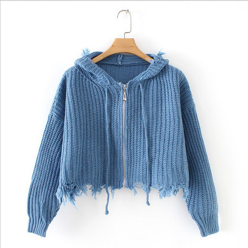 Casual knit jacket for women with hood and asymmetrical hem Lune Londonl