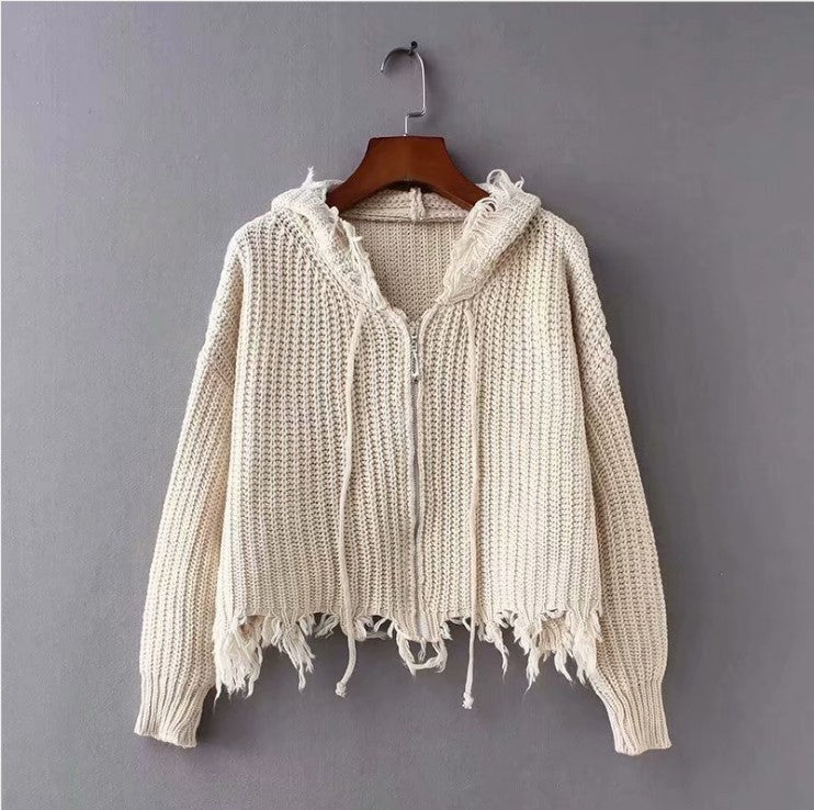 Casual knit jacket for women with hood and asymmetrical hem Lune Londonl