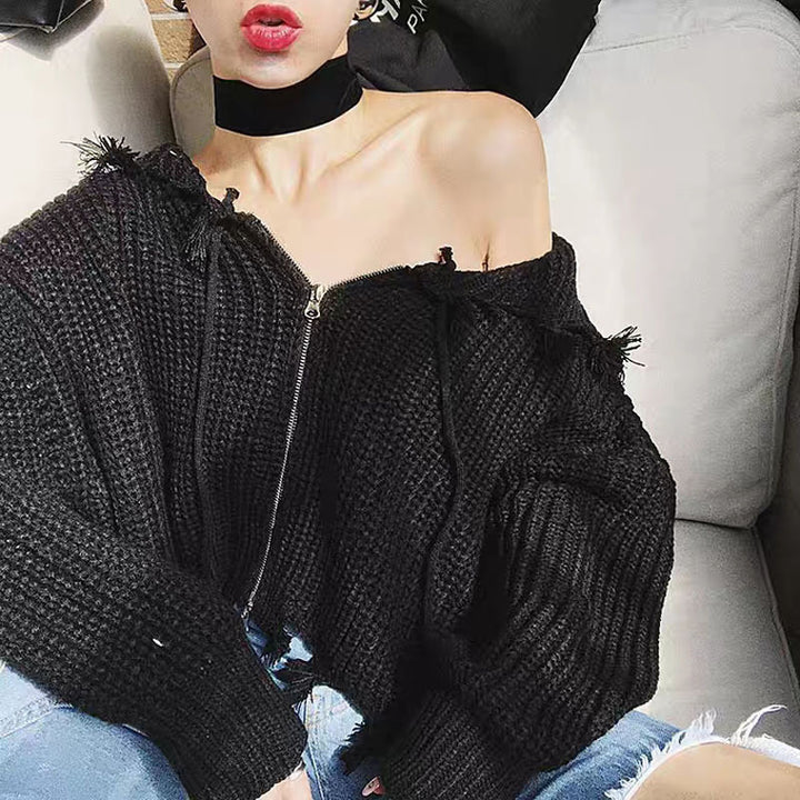 Casual knit jacket for women with hood and asymmetrical hem Lune Londonl