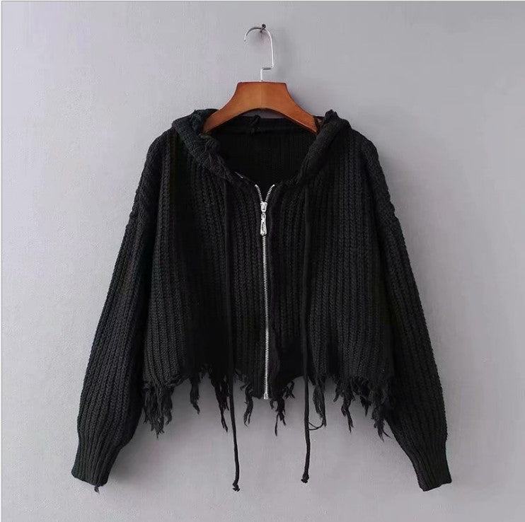 Casual knit jacket for women with hood and asymmetrical hem Lune Londonl