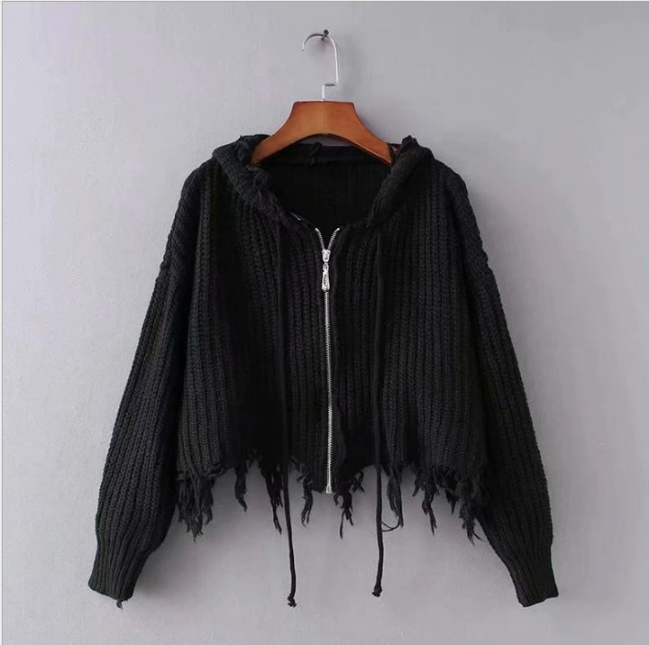 Casual knit jacket for women with hood and asymmetrical hem Lune Londonl