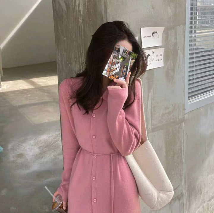 Robe tricotée mi-longue pour femme avec ceinture et fermeture à boutons Chic & Stil