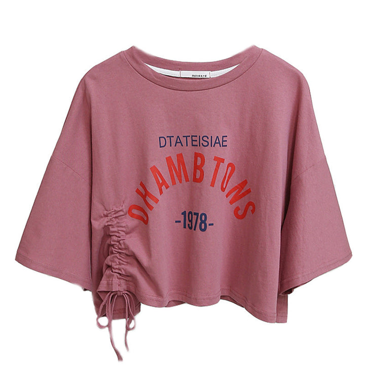 Women's cropped T-shirt with casual drawstring and creative lettering Lune London