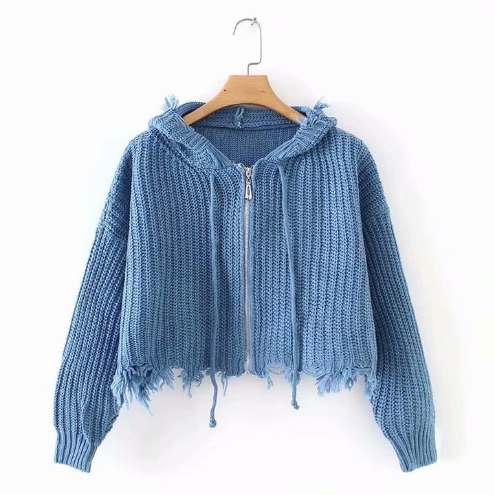 Casual knit jacket for women with hood and asymmetrical hem Lune Londonl